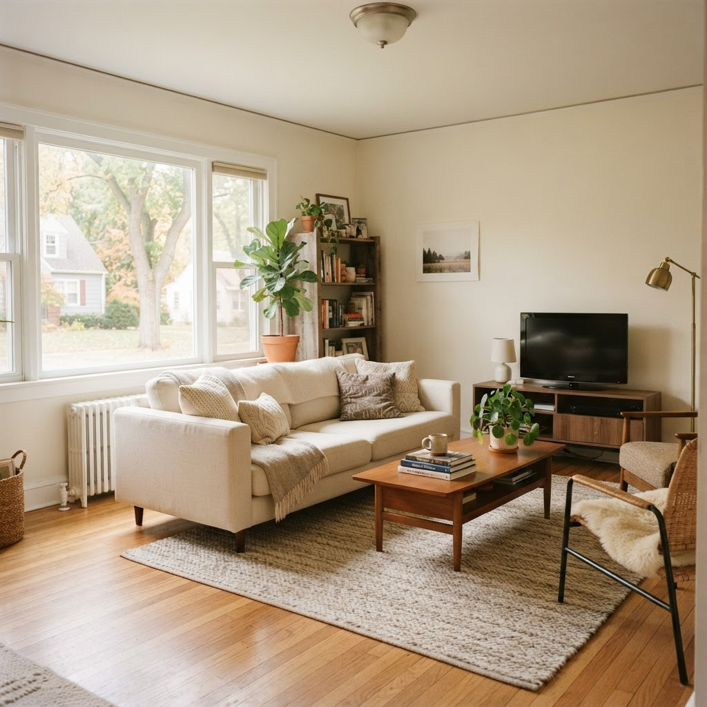 Bright, tidy living room in a well-maintained WAPM rental home